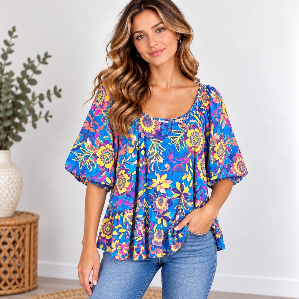 Terra & Sky Puff Sleeve Square Neck Babydoll Top Blue Floral Women's Size 4XL